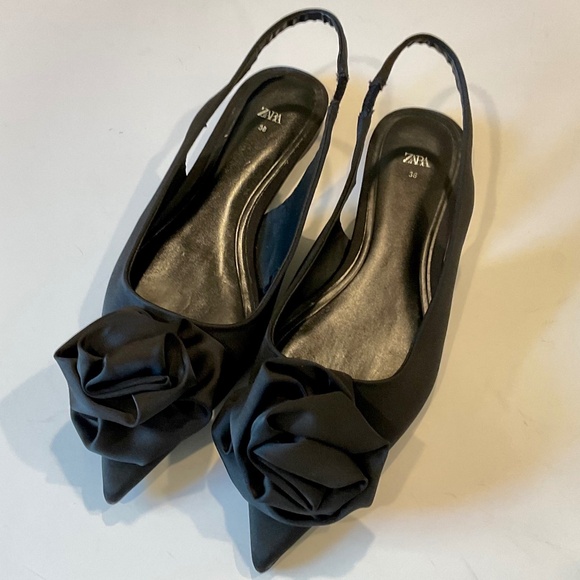 ZARA Slingback Flat Flower Pointed Toe Black Size EU 38 - Picture 9 of 9